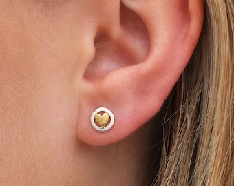 Sterling Silver And Brushed Gold Heart Stud Earrings