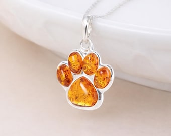 Personalised Sterling Silver Baltic Amber Paw Print Pendant Necklace