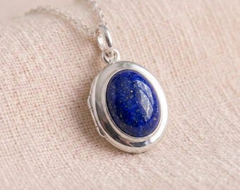 Personalised Lapis Engraved Photo Locket Necklace in Sterling Silver