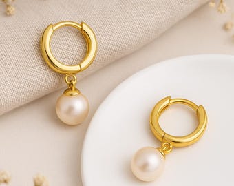 Gold Plated Sterling Silver Pearl Huggie Hoop Earrings