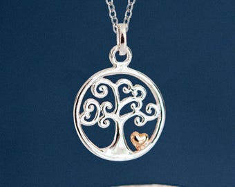 Personalised Sterling Silver and Rose Gold Tree of Life Heart Necklace