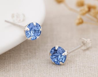 Girls Sterling Silver March Aquamarine Birthstone Stud Earrings