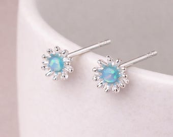 Sterling Silver Blue Opal Daisy Stud Earrings – 6mm
