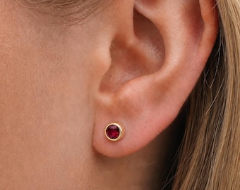 7mm Gold Plated Sterling Silver January Garnet Birthstone Stud Earrings