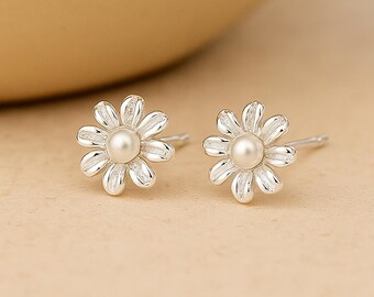 Tiny Sterling Silver Pearl Daisy Flower Stud Earrings