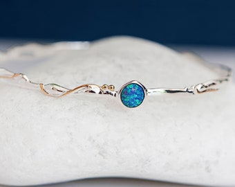 Molten Sterling Silver Round Blue Opal Bangle