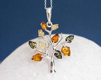 Personalised Sterling Silver Amber Tree of Life Necklace, Genuine Baltic Amber Pendant, 40x29mm