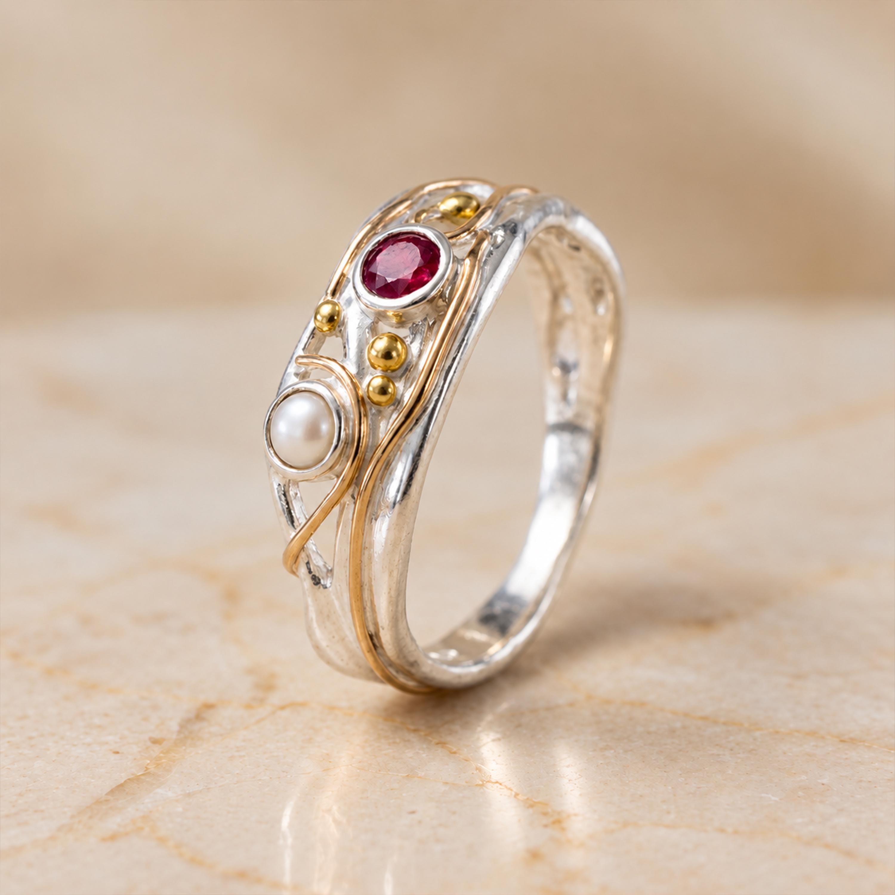 Ruby and Pearl Engagement Ring in Molten Sterling Silver and Gold
