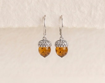 Baltic Amber Acorn Leverback Drop Earrings in Sterling Silver