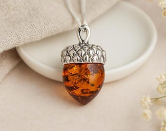 Amber Acorn Pendant • Baltic Cognac Amber & Sterling Silver Autumn Charm • Forest Nature Jewellery • Woodland Gift for Her