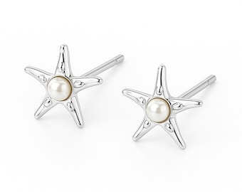 Sterling Silver Pearl Starfish Stud Earrings – 9mm