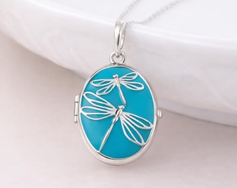 Personalised Sterling Silver Blue Dragonfly Locket Necklace With Photos