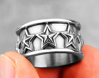 Personalised Wide Stainless Steel Gunmetal Silver All Stars Ring