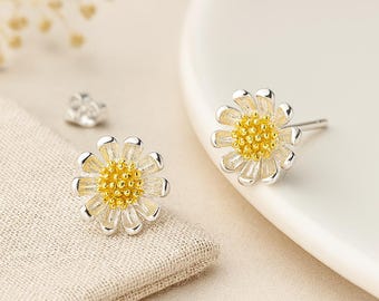 Daisy Stud Earrings • Sterling Silver & Gold April Birth Flower • Gift for Her • Floral Studs • Spring Jewellery •