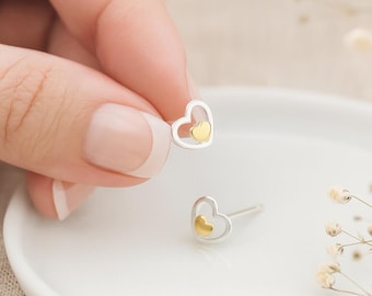 Sterling Silver And Gold Double Heart Stud Earrings: 9mm