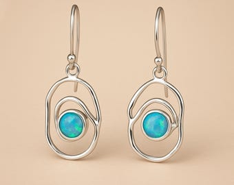 Molten Sterling Silver Spiral Blue Opal Drop Earrings