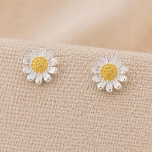 Peut inclure: Une paire de boucles d'oreilles en forme de marguerites, avec des pétales argentés et un centre texturé de couleur jaune. Les boucles d'oreilles présentent un design circulaire avec plusieurs pétales rayonnant autour du disque central jaune.