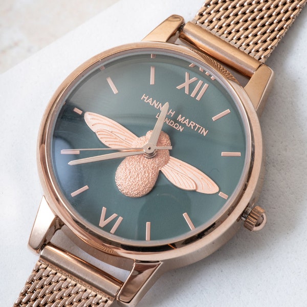 Personalised Rose Gold Bee Watch With Olive Face