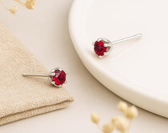 Ruby CZ Stud Earrings • Sterling Silver Red Studs • July Birthstone Gift • Minimal Earrings • Gift for Her •