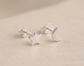 Personalised Mismatched Moon And Star Stud Earrings in Sterling Silver