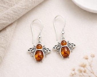 Sterling Silver Amber Bee Drop Earrings, Genuine Baltic Amber, 15mm