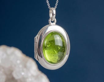 Personalised Peridot Photo Locket Necklace in Sterling Silver