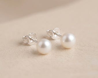 Personalised White Freshwater Pearl Stud Earrings In Sterling Silver