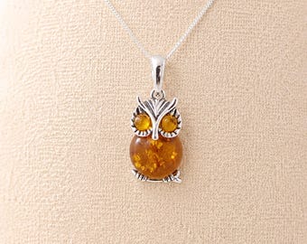 Personalised Sterling Silver Baltic Amber Owl Pendant Necklace