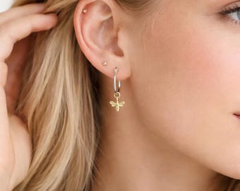Silver Plated Hoop Earrings With Gold Plated Bee Charm