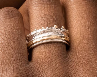 Personalised Crown Spinner Ring in Molten Sterling Silver and Gold