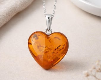 Personalised Sterling Silver Amber Heart Necklace, Genuine Baltic Amber Pendant, 27mm