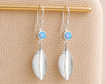 Sterling Silver Blue Opal Leaf Drop Earrings