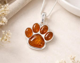 Personalised Sterling Silver Amber Paw Print Necklace, Genuine Baltic Amber Pet Pendant, 20mm
