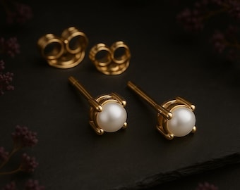 Solid 9ct Gold June Pearl Birthstone Stud Earrings