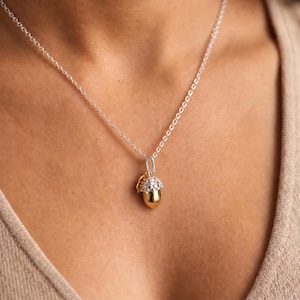 Peut inclure: Un collier à chaîne en argent avec un petit pendentif en forme de gland. Le gland présente un capuchon en argent texturé et une base dorée lisse et polie. Le pendentif est suspendu à une fine chaîne à maillons en argent.
