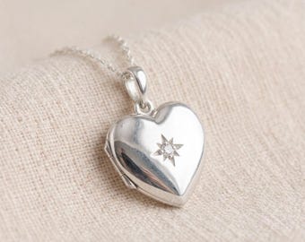 Personalised North Star Heart Photo Locket Necklace in Sterling Silver