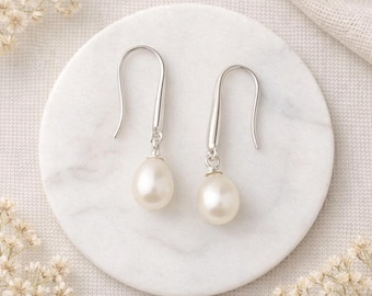Sterling Silver White Freshwater Pearl Drop Earrings, 8mm