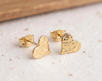 Personalised Hammered Heart Stud Earrings In Gold Plated Sterling Silver
