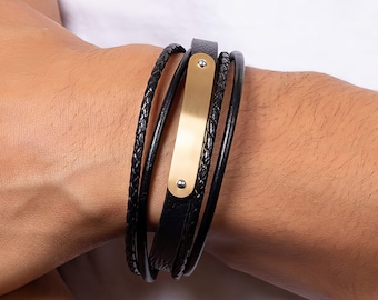 Personalised Mens Black Leather Bracelet With ID Bar
