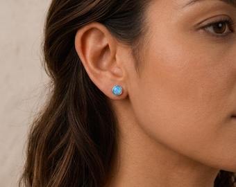Personalised Round Blue Opal Stud Earrings In Sterling Silver