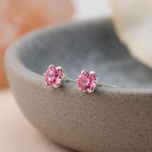 May include: A pair of stud earrings featuring round, faceted pink crystals set in silver-toned metal prongs. Each earring has a central circular pink stone held by six small metal claws, creating a classic, minimalist design for ear piercings.