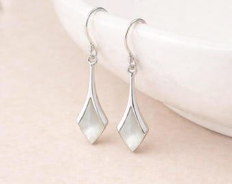 Sterling Silver Mother of Pearl Diamond Drop Earrings – 20mm X 9mm