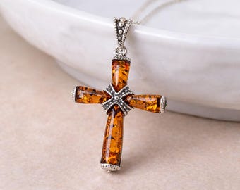 Personalised Sterling Silver Baltic Amber Cross Pendant Necklace