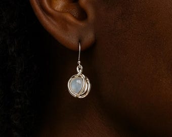 Moonstone Drop Earrings • Sterling Silver Molten Design • 30mm Dangle Earrings • June Birthstone Jewellery • Gift for Her •