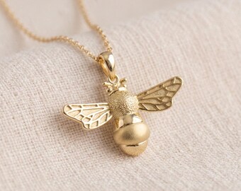Personalised Solid Bumble Bee Pendant Necklace in Gold Plated Sterling Silver