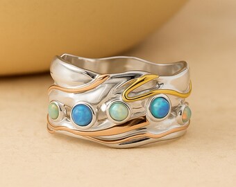 Molten Sterling Silver Blue and White Opal Quintet Ring