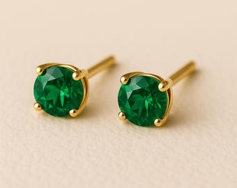 Solid 9ct Yellow Gold Emerald Stud Earrings