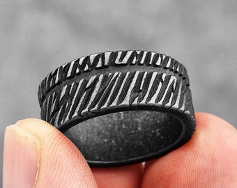 Personalised Stainless Steel Gunmetal Black Viking Tree Bark Twill Ring