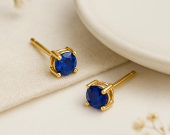 Sapphire Stud Earrings • 9ct Gold September Birthstone Gift • Tiny Gemstone Studs • Dainty Gold Earrings •