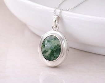 Personalised Sterling Silver Moss Agate Gemstone Photo Locket Necklace